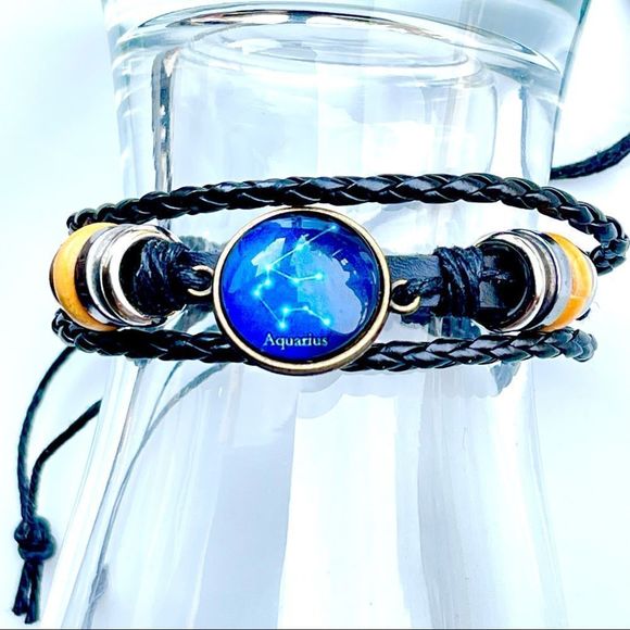 New Genuine Leather Aquarius Constellation Zodiac Sign Bracelet - Picture 1 of 6